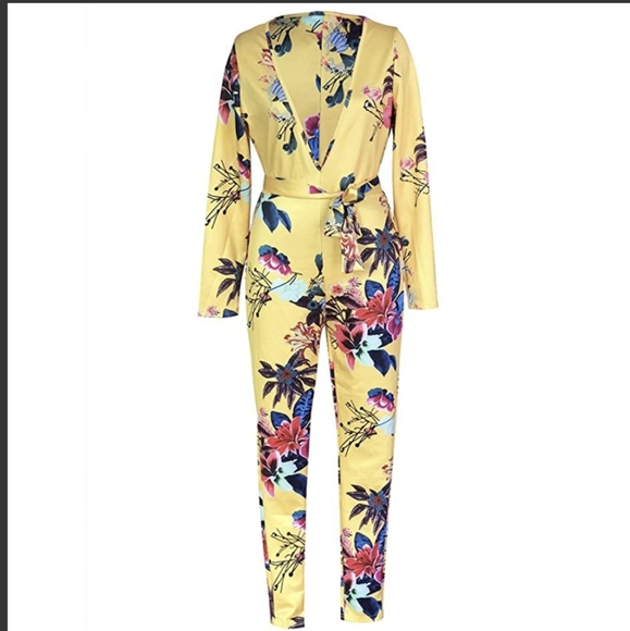 Long Sleeve Deep V-Neck Floral Jumpsuit - Picture 1 of 5